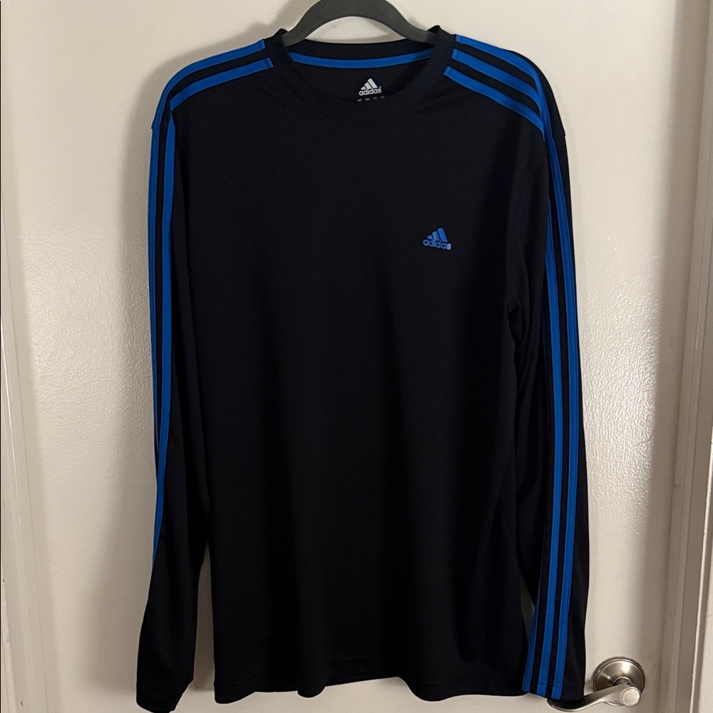 Adidas Men's Long Sleeve Black Tee with Blue Accents